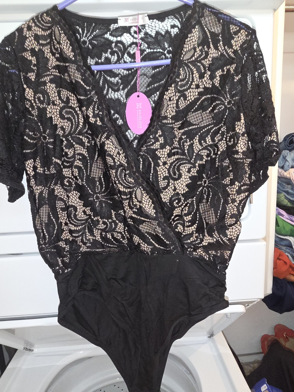 Black Lace Surplice Bodysuit with Nude Lining